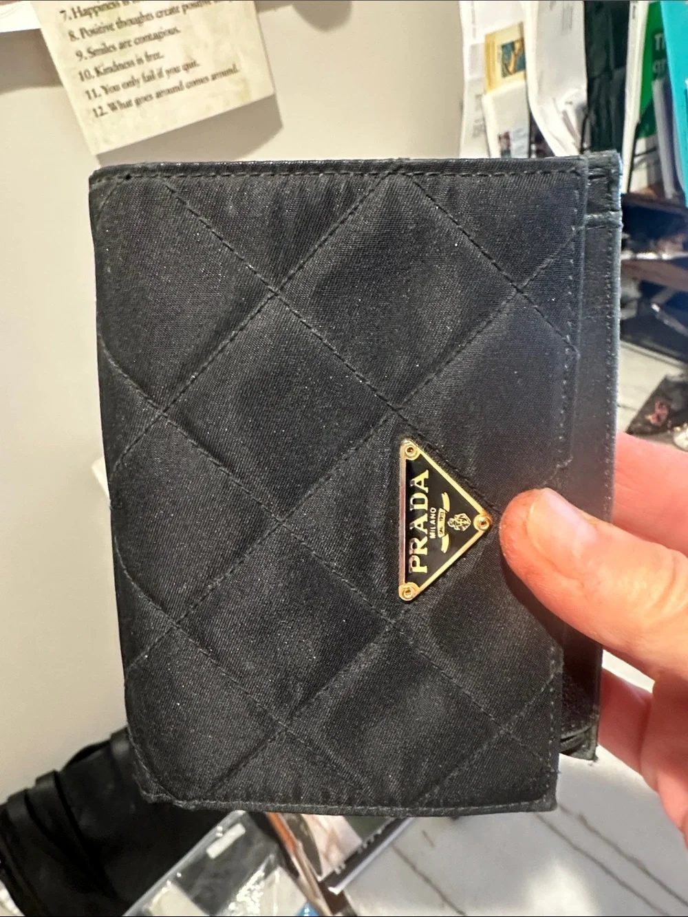 Prada Black Quilted Card Holder with Gold Triangle Logo